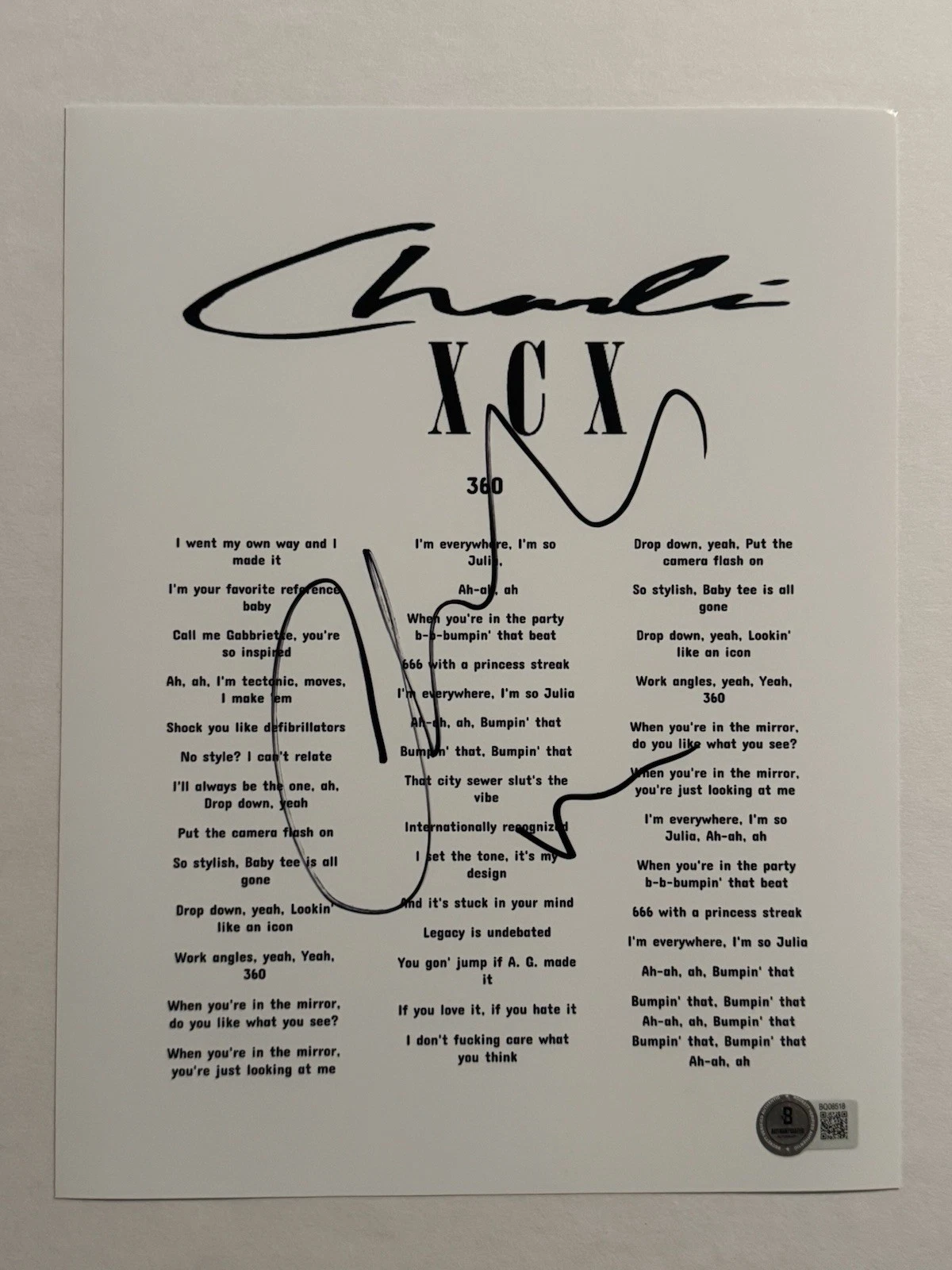 CHARLI XCX SIGNED LYRIC SHEET AUTOGRAPHED HOT SEXY POP SINGER RARE BAS COA