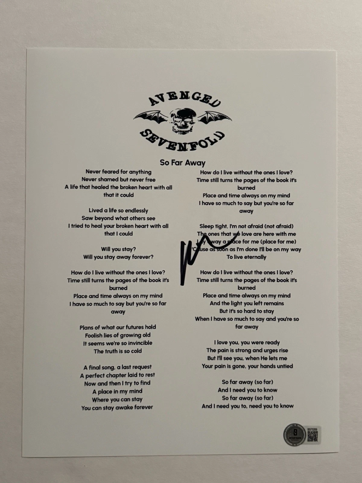 MATT M SHADOWS SIGNED LYRIC SHEET AUTOGRAPHED AVENGED SEVENFOLD SINGEr BAS COA