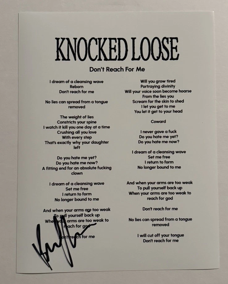 BRYAN GARRIS SIGNED LYRIC SHEET AUTOGRAPHED KNOCKED LOOSE BAND LEAD SINGER COA