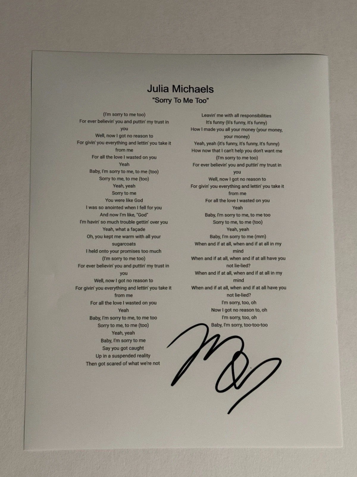 JULIA MICHAELS HAND SIGNED LYRIC SHEET AUTOGRAPHED POP SINGER SONGWRITER COA