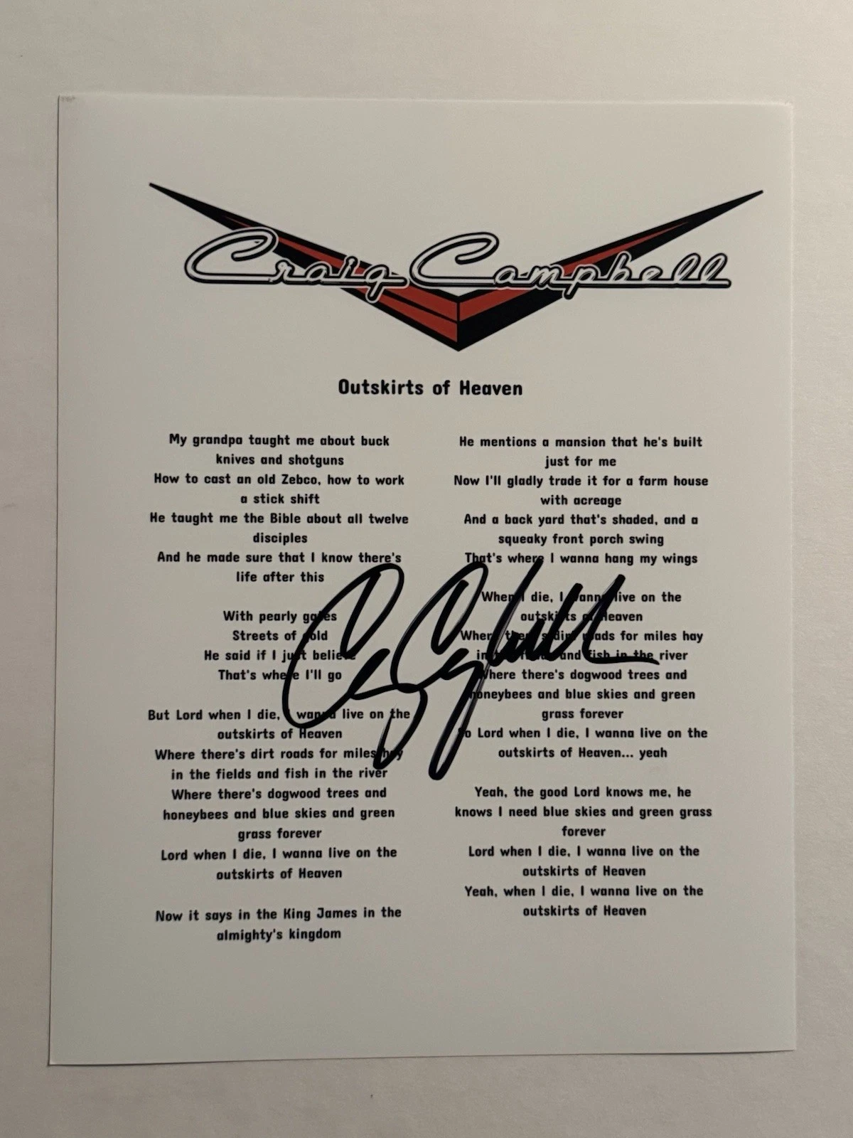 CRAIG CAMPBELL SIGNED LYRIC SHEET AUTOGRAPHED COUNTRY SINGER STAR RARE COA