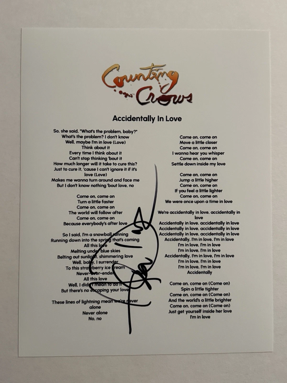 ADAM DURITZ SIGNED LYRIC SHEET AUTOGRAPHED COUNTING CROWS BAND LEAD SINGER COA