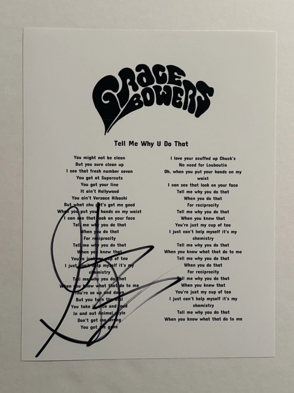 GRACE BOWERS HAND SIGNED LYRIC SHEET AUTOGRAPHED GUITARIST SINGER RARE COA