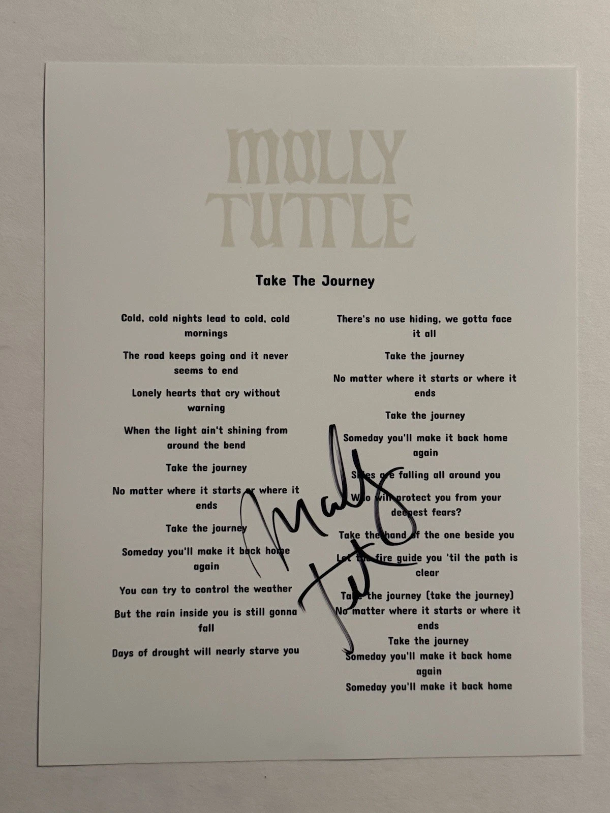 MOLLY TUTTLE SIGNED LYRIC SHEET AUTOGRAPHED HOT COUNTRY SINGER STAR RARE COA