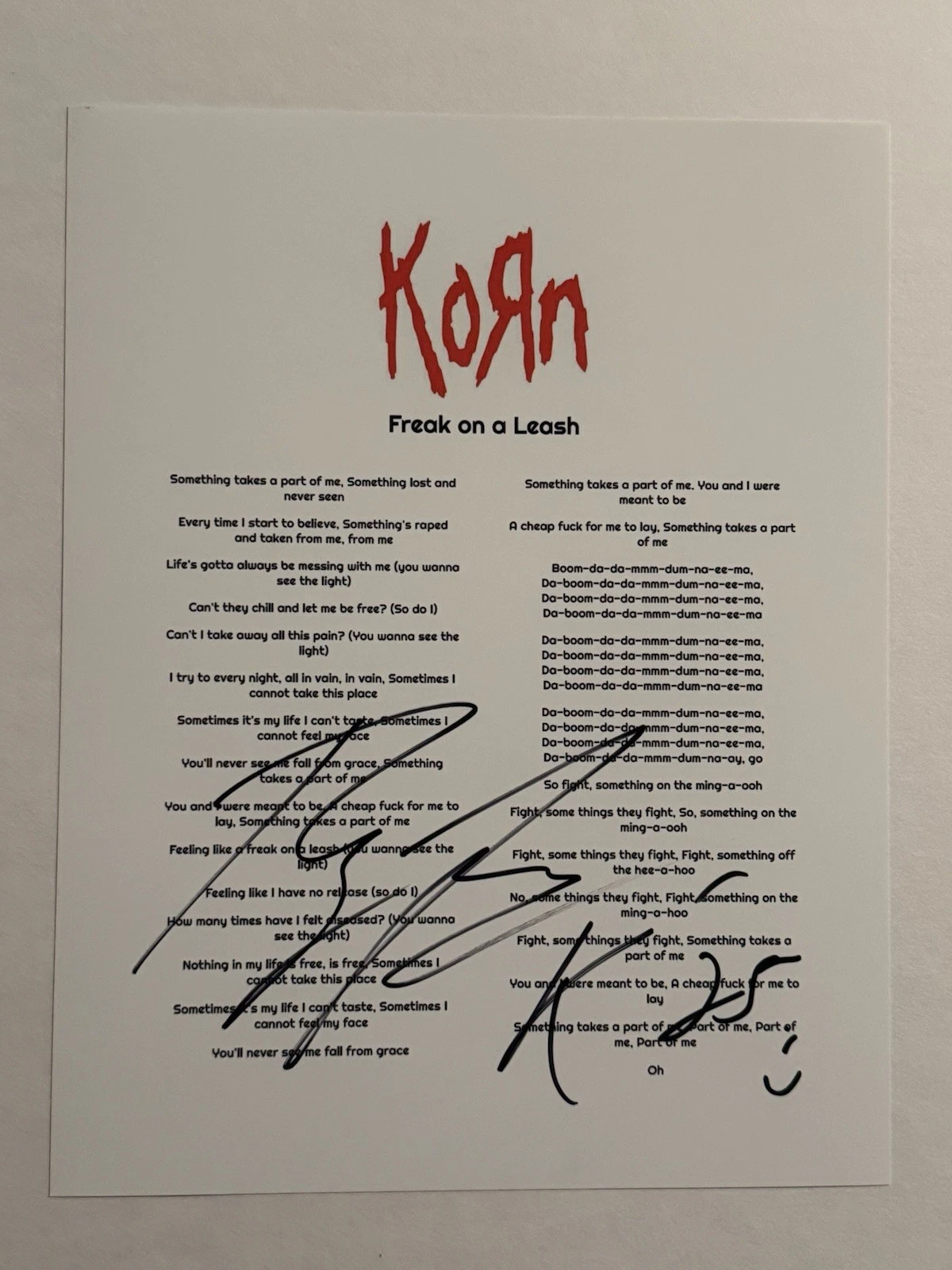 RAY LUZIER SIGNED LYRIC SHEET AUTOGRAPHED KORN BAND DRUMMER COA