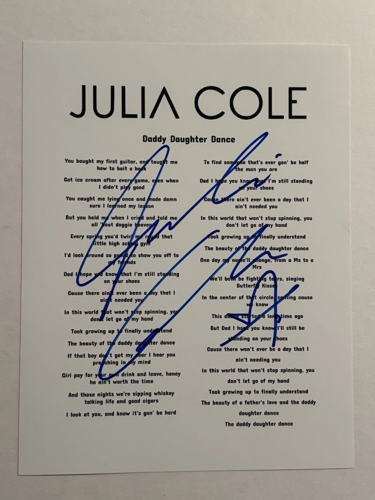 JULIA COLE SIGNED LYRIC SHEET AUTOGRAPHED HOT COUNTRY SINGER STAR RARE COA