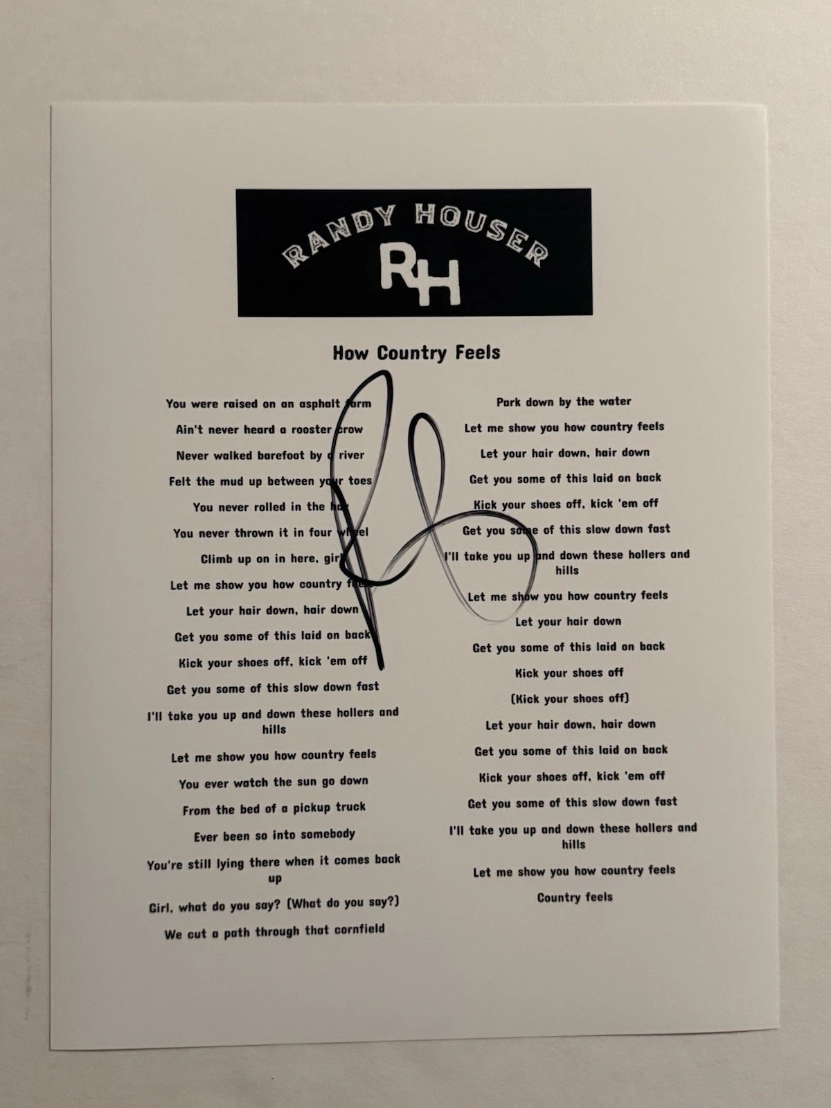 RANDY HOUSER SIGNED LYRIC SHEET AUTOGRAPHED COUNTRY SINGER STAR RARE COA