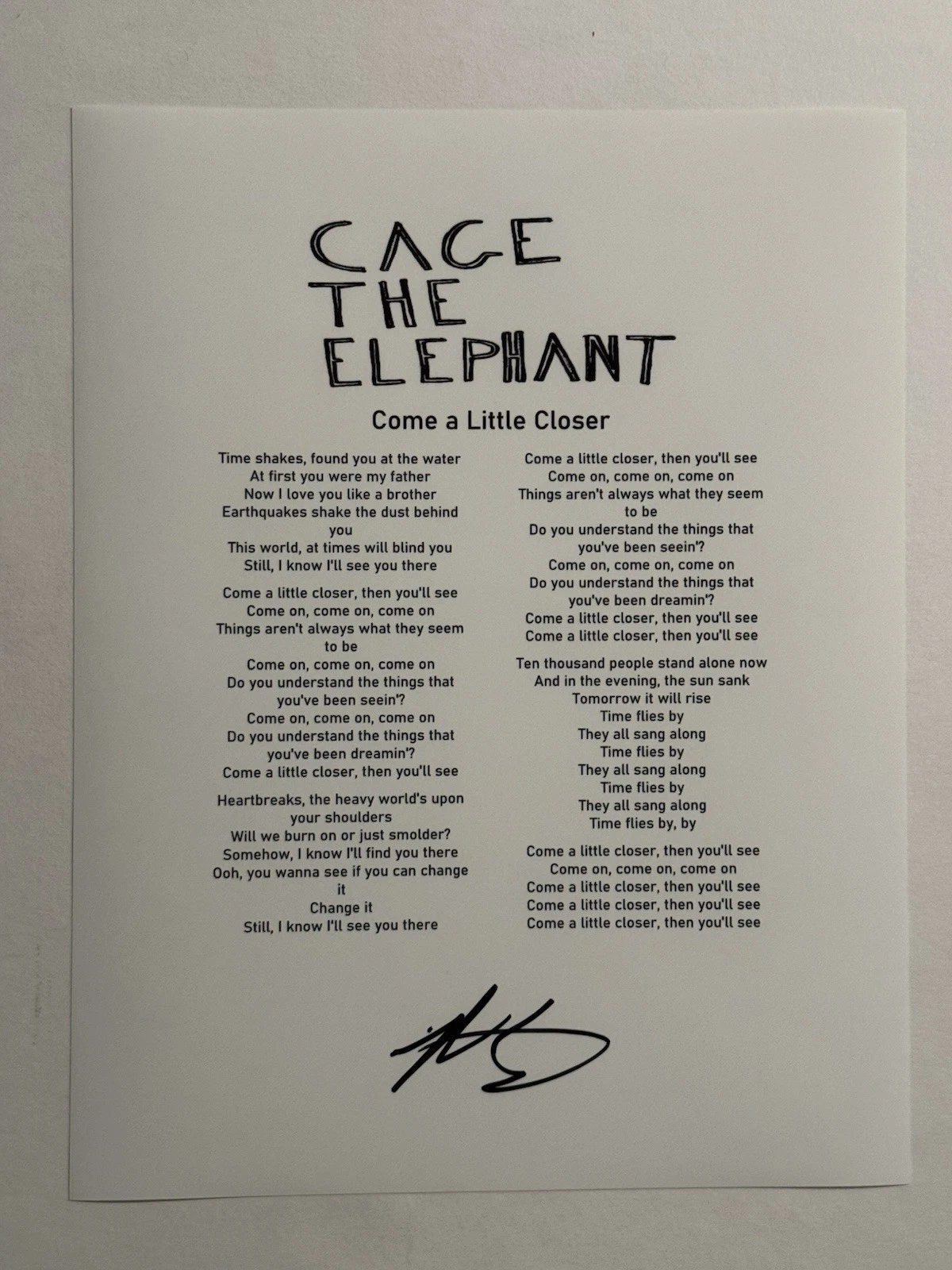 MATT SHULTZ SIGNED LYRIC SHEET AUTOGRAPHED CAGE THE ELEPHANT LEAD SINGER COA