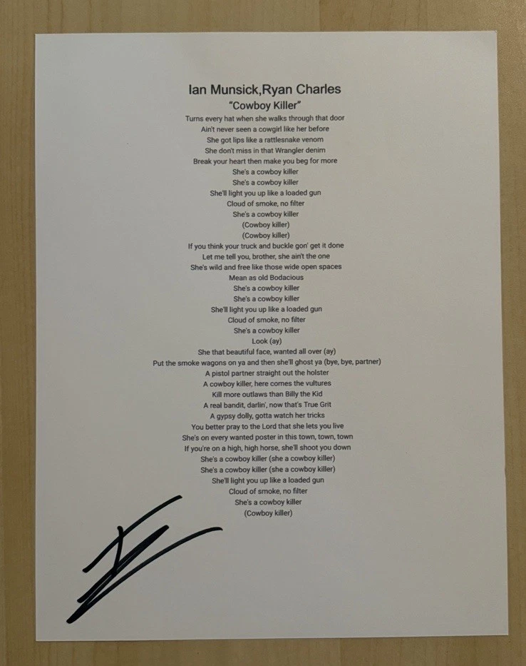 IAN MUNSICK SIGNED LYRIC SHEET AUTOGRAPHED COUNTRY SINGER STAR RARE COA
