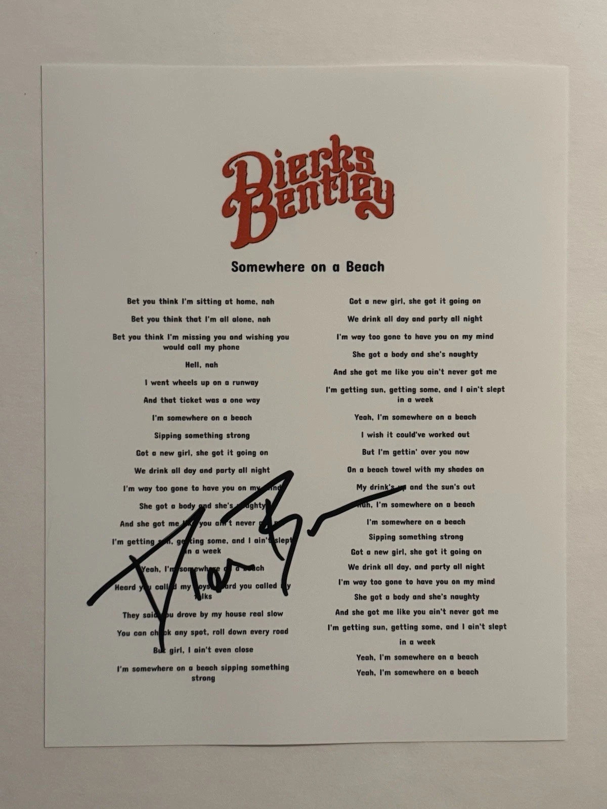 DIERKS BENTLEY SIGNED LYRIC SHEET AUTOGRAPHED COUNTRY SINGER STAR RARE COA