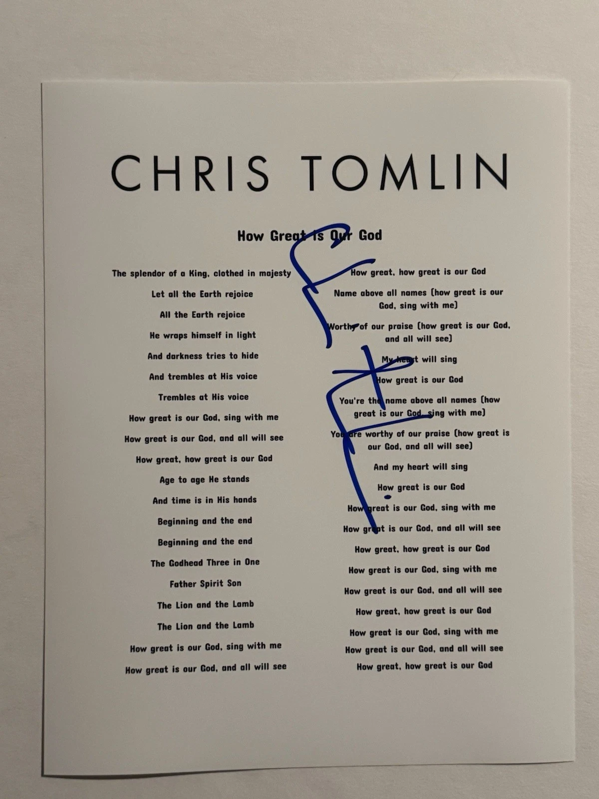 CHRIS TOMLIN SIGNED LYRIC SHEET AUTOGRAPHED CHRISTIAN SINGER VERY RARE COA