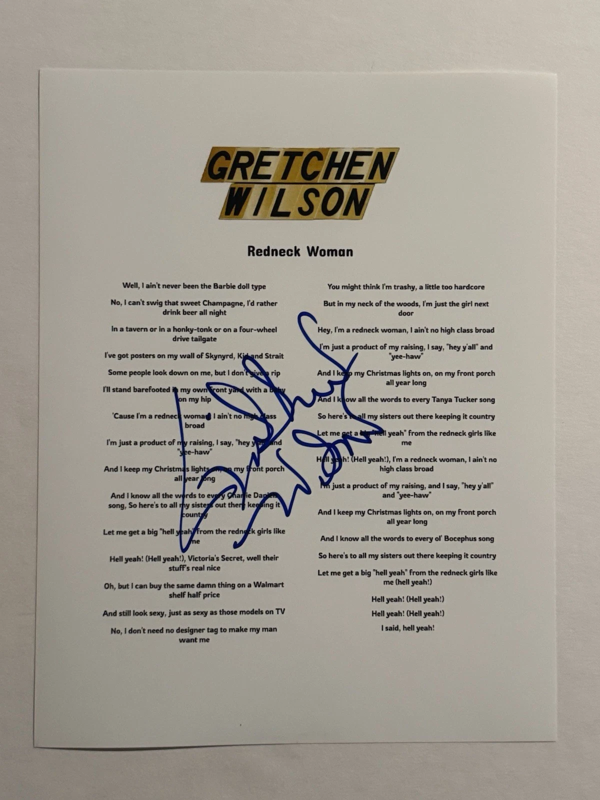 GRETCHEN WILSON SIGNED LYRIC SHEET AUTOGRAPHED HOT COUNTRY SINGER STAR RARE COA