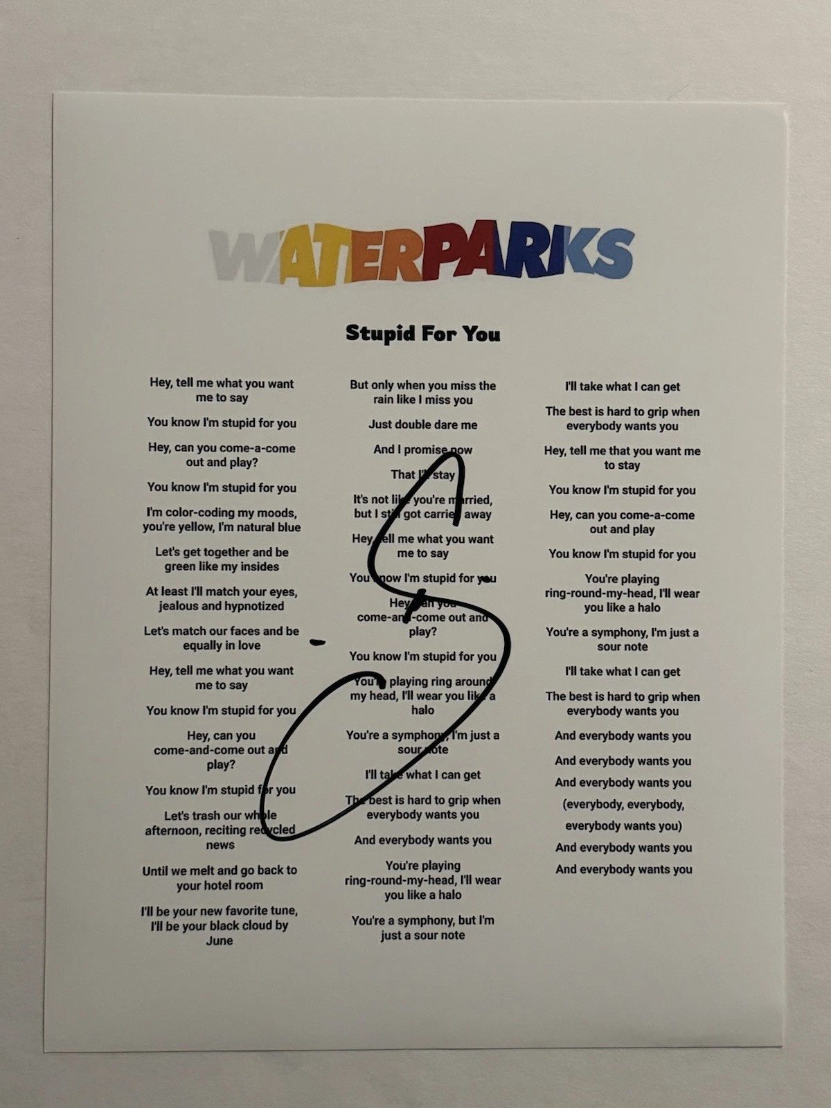 AWSTEN KNIGHT SIGNED LYRIC SHEET AUTOGRAPHED WATERPARKS BAND LEAD SINGER COA