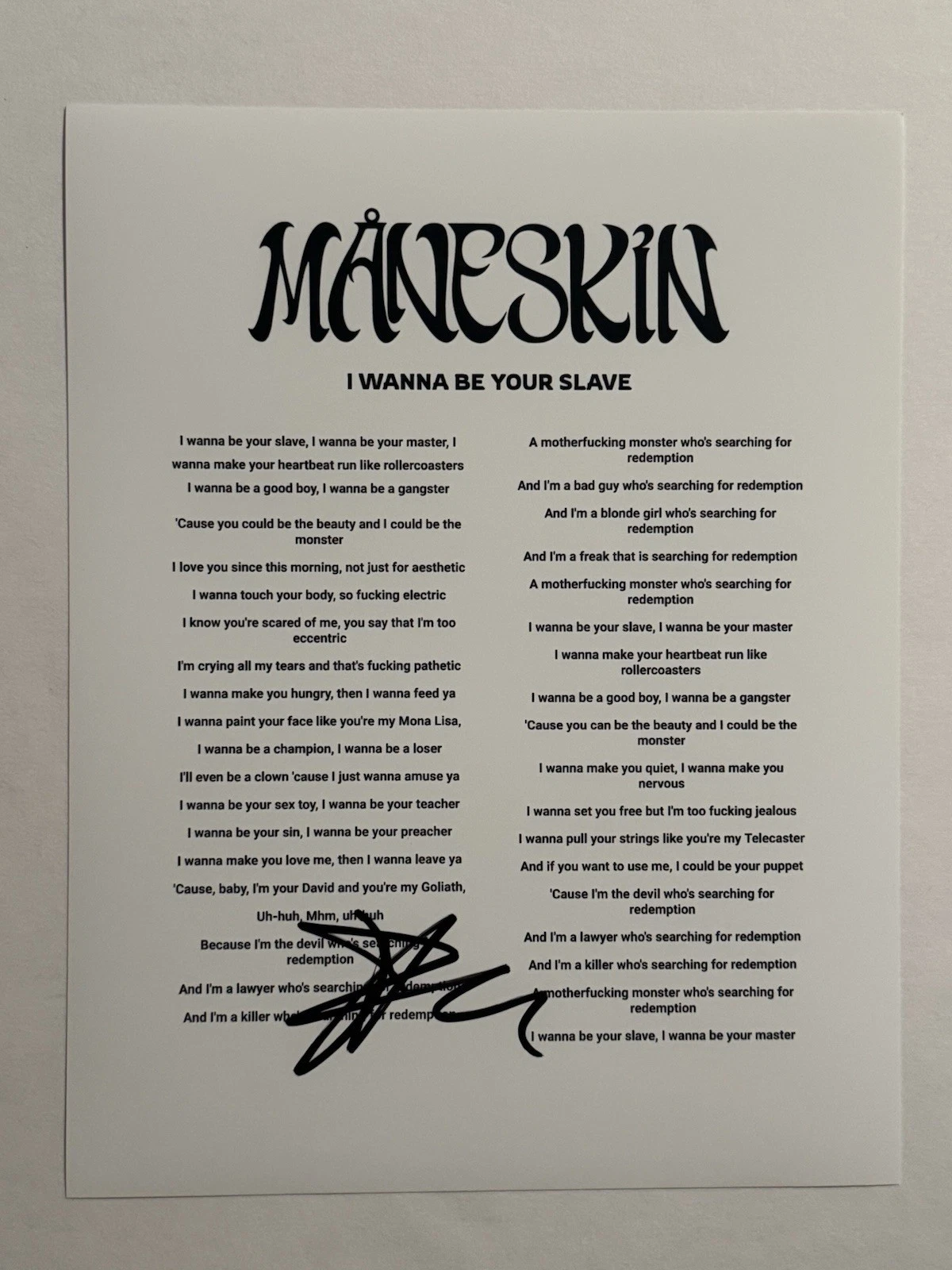 DAMIANO DAVID MANESKIN BAND LEAD SINGER SIGNED LYRIC SHEET AUTOGRAPHED RARE COA