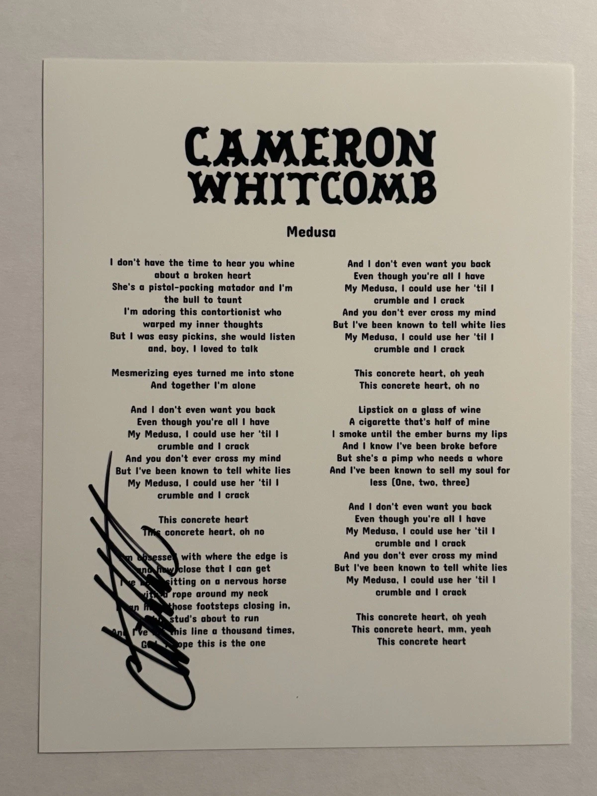 CAMERON WHITCOMB HAND SIGNED MEDUSA LYRIC SHEET AUTOGRAPHED HOT SINGER RARE COA