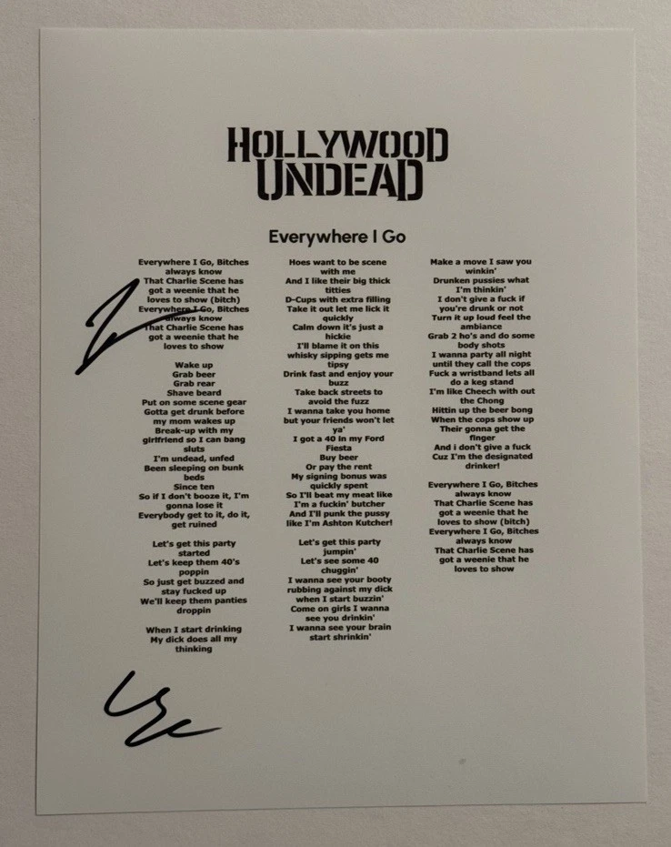 CHARLIE SCENE & JOHNNY 3 TEARS SIGNED LYRIC SHEET HOLLYWOOD UNDEAD BAND COA