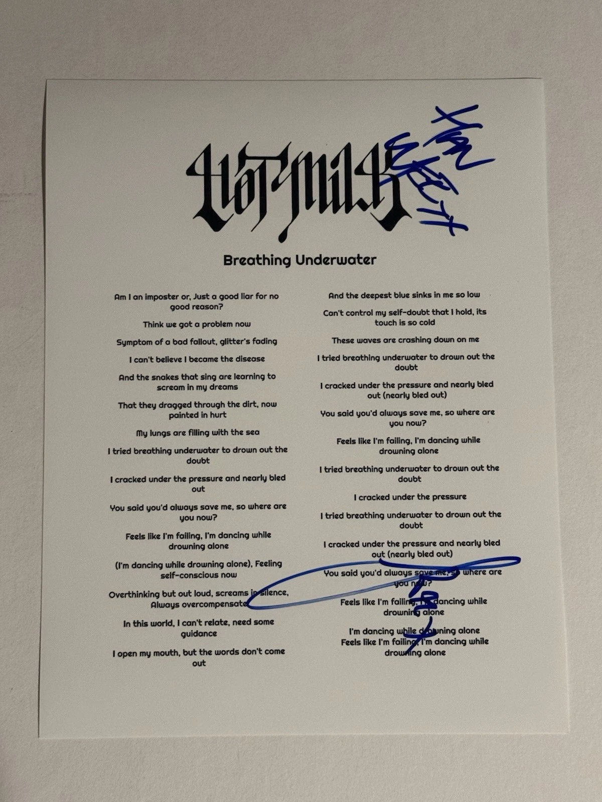 HOT MILK FULL BAND SIGNED LYRIC SHEET AUTOGRAPHED ROCK GROUP VERY RARE COA