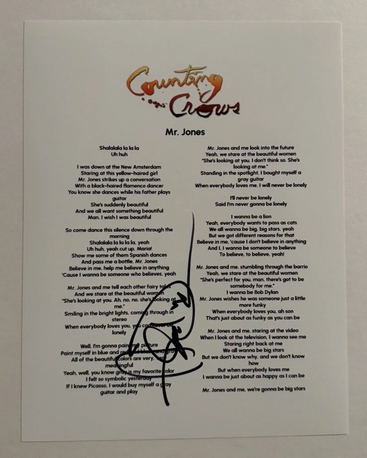 ADAM DURITZ SIGNED LYRIC SHEET AUTOGRAPHED COUNTING CROWS BAND LEAD SINGER COA