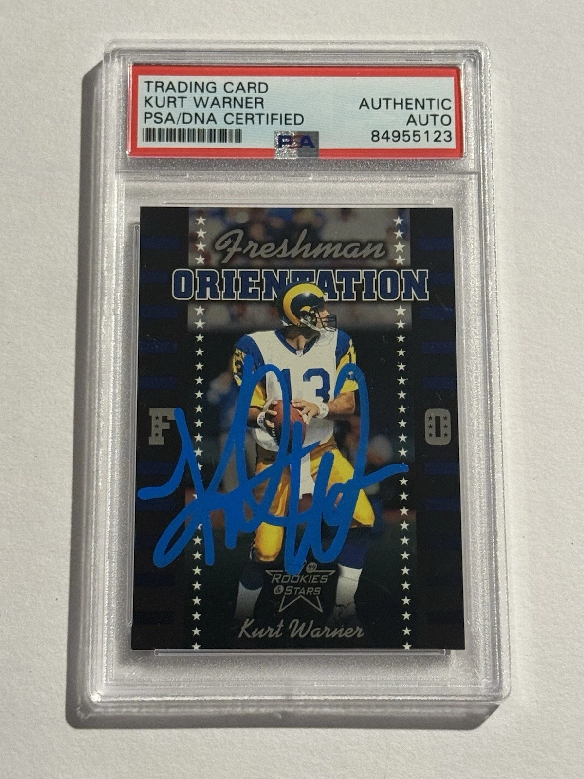 KURT WARNER SIGNED AUTO 1999 Leaf Rookies & Stars FO INSERT RC #/2500 RAMS PSA