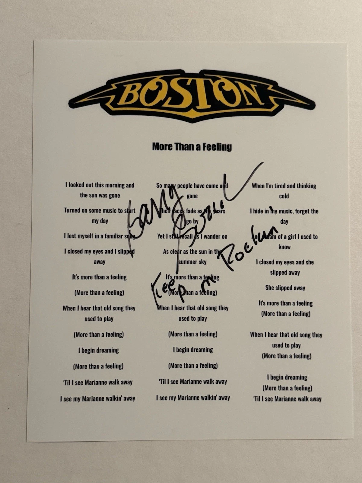 BARRY GOUDREAU SIGNED LYRIC SHEET AUTOGRAPHED BOSTON BAND GUITARIST COA