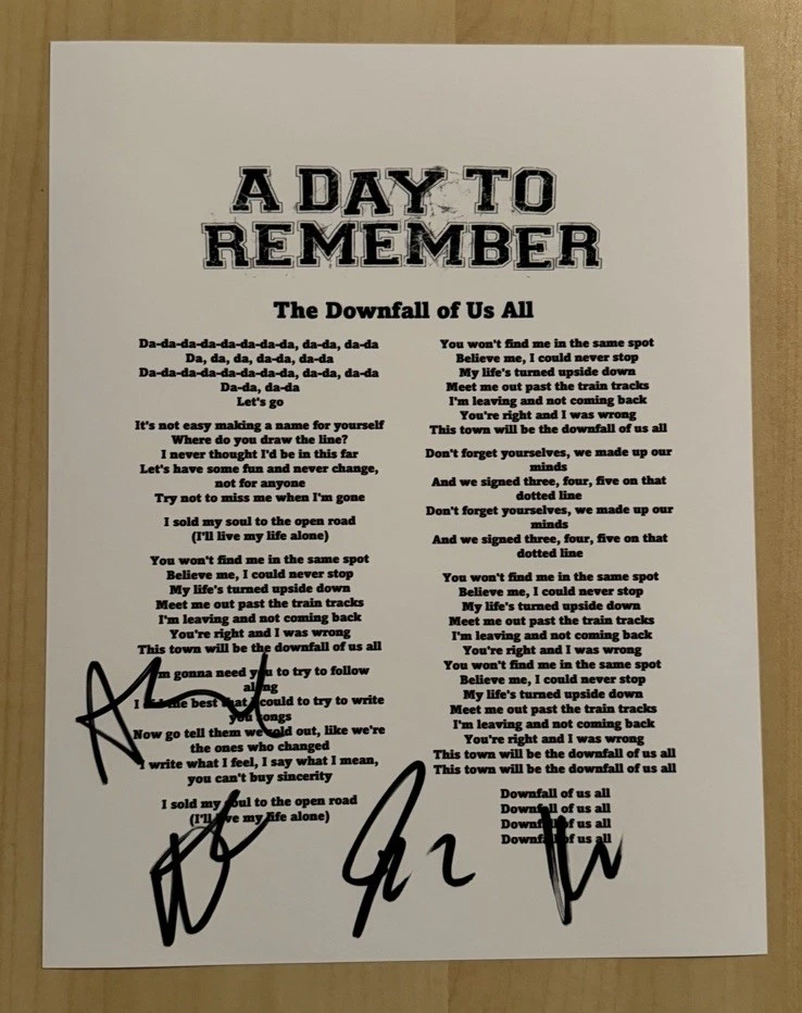 A DAY TO REMEMBER BAND SIGNED LYRIC SHEET AUTOGRAPHED JEREMY MCKINNON RARE COA