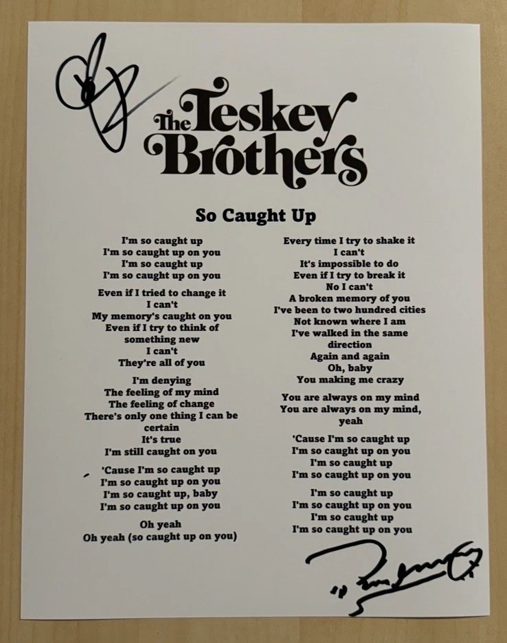 THE TESKEY BROTHERS FULL BAND SIGNED LYRIC SHEET AUTOGRAPHED RARE BLUES ROCK COA