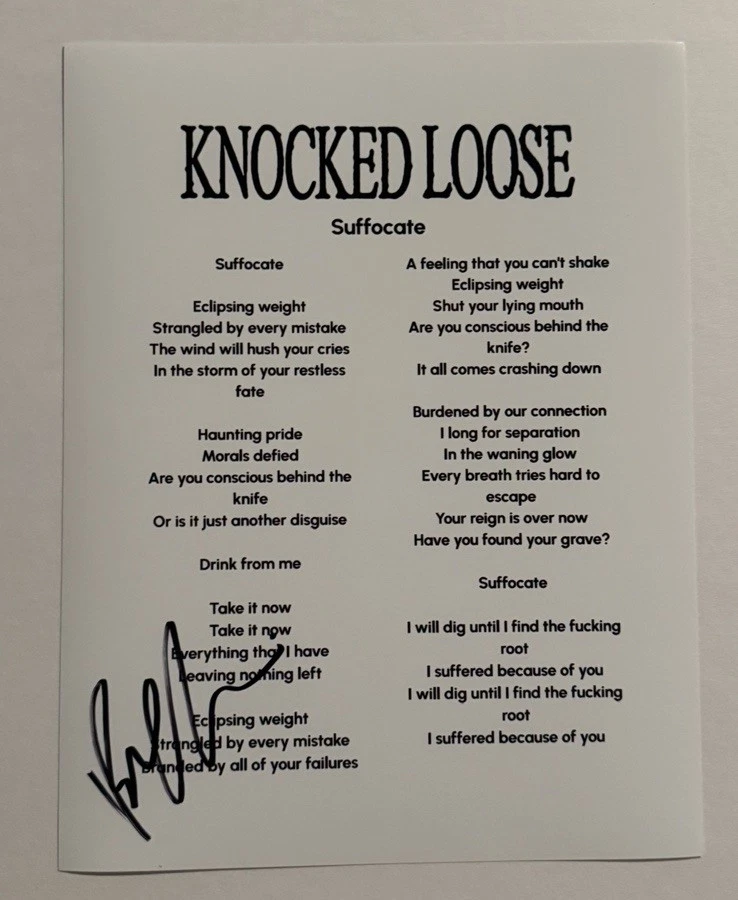 BRYAN GARRIS SIGNED LYRIC SHEET AUTOGRAPHED KNOCKED LOOSE BAND LEAD SINGER COA
