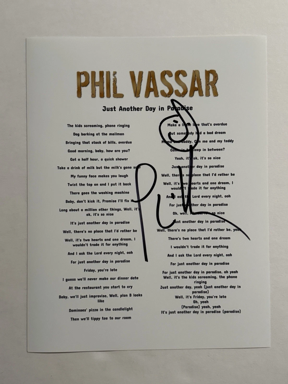 PHIL VASSAR SIGNED LYRIC SHEET AUTOGRAPHED COUNTRY SINGER STAR RARE COA