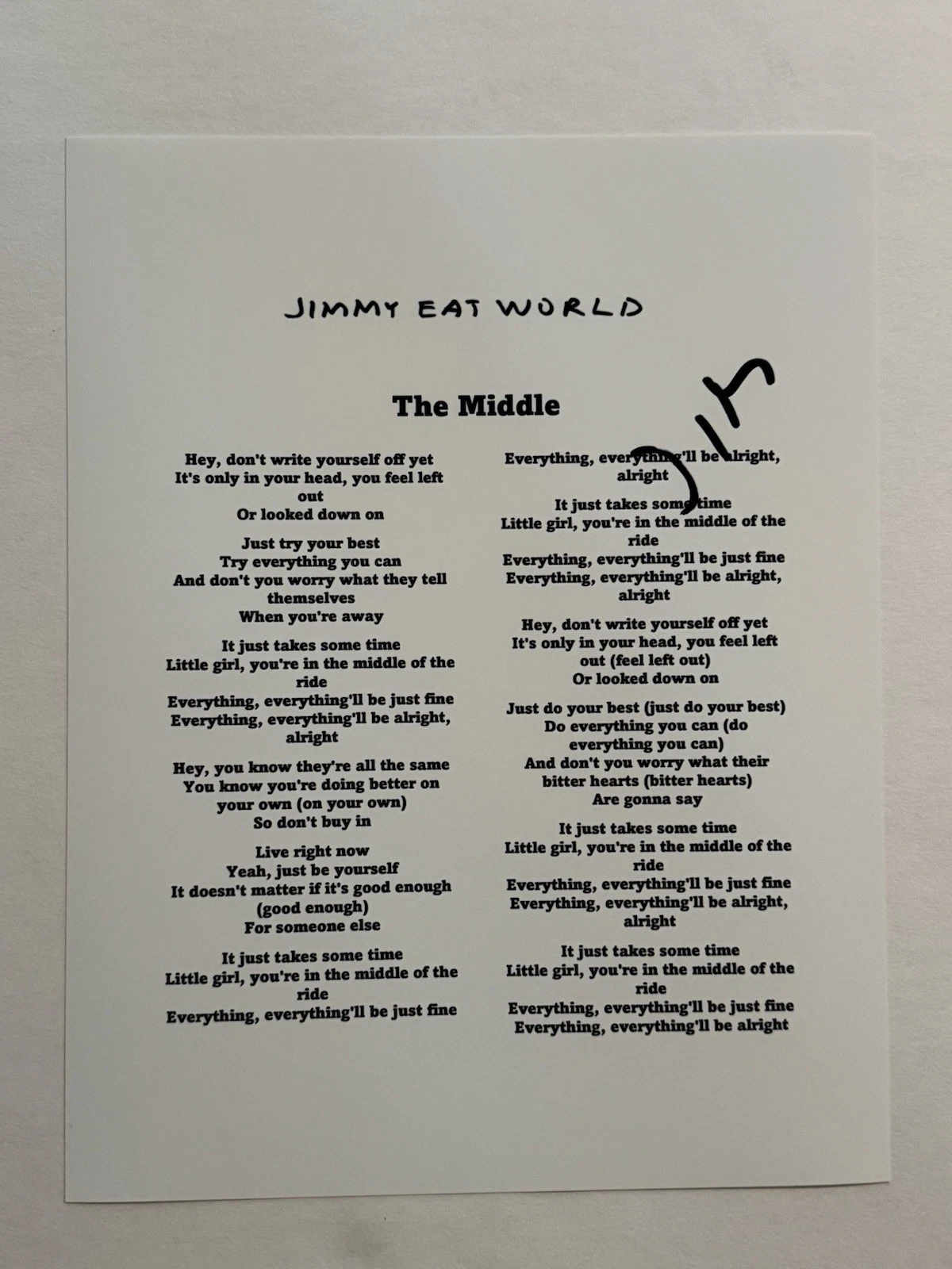JIM ADKINS SIGNED LYRIC SHEET AUTOGRAPHED JIMMY EAT WORLD BAND LEAD SINGER COA