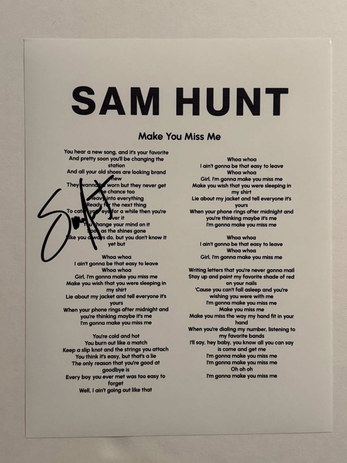 SAM HUNT SIGNED LYRIC SHEET AUTOGRAPHED COUNTRY SINGER STAR RARE COA