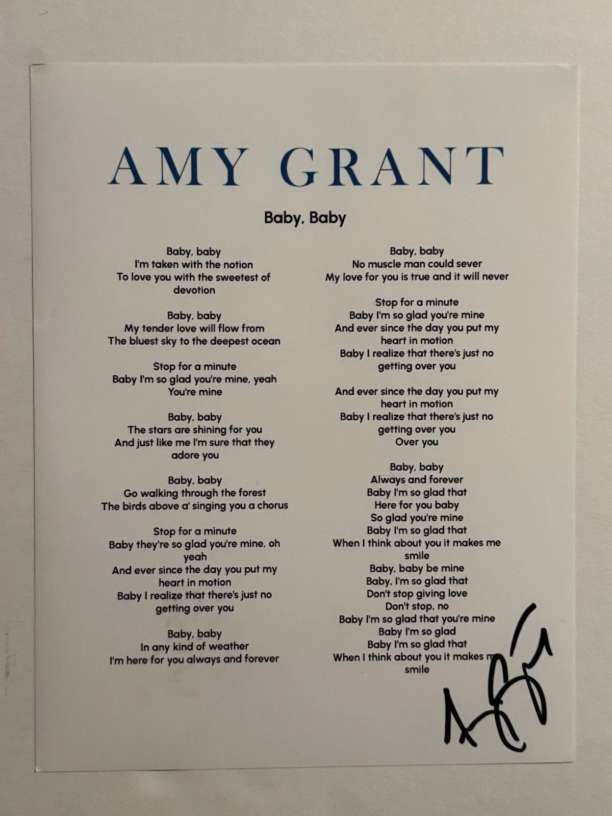 AMY GRANT SIGNED LYRIC SHEET SIGNED CHRISTIAN SINGER AUTOGRAPHED AUTHENTIC COA
