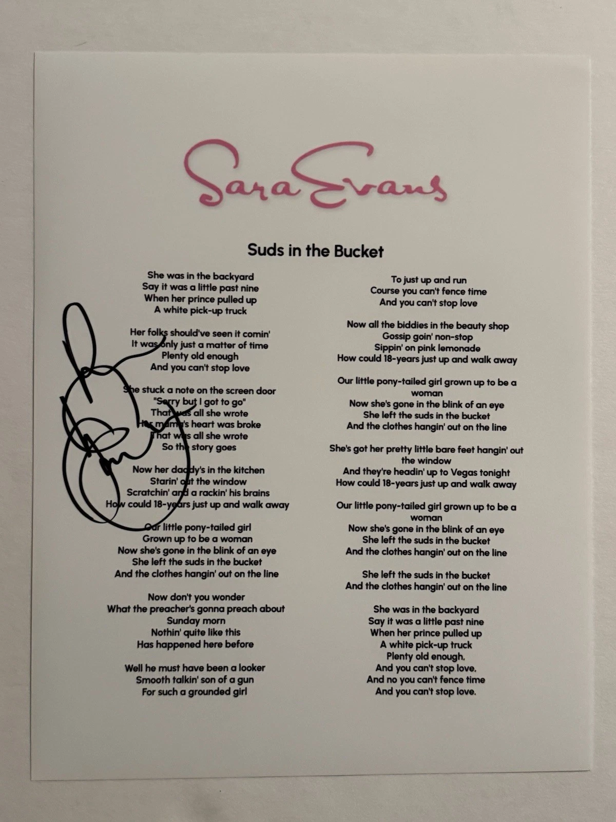 SARA EVANS SIGNED LYRIC SHEET AUTOGRAPHED HOT COUNTRY SINGER STAR RARE COA