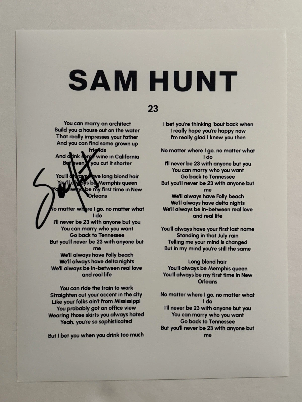 SAM HUNT SIGNED LYRIC SHEET AUTOGRAPHED COUNTRY SINGER STAR RARE COA