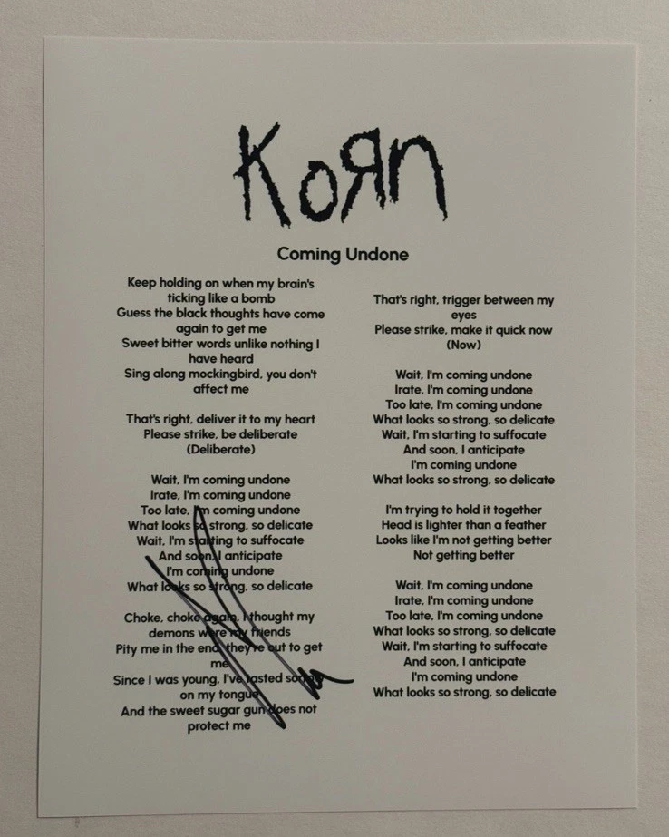 MUNKY JAMES SHAFFER SIGNED LYRIC SHEET AUTOGRAPHED KORN BAND GUITARIST COA