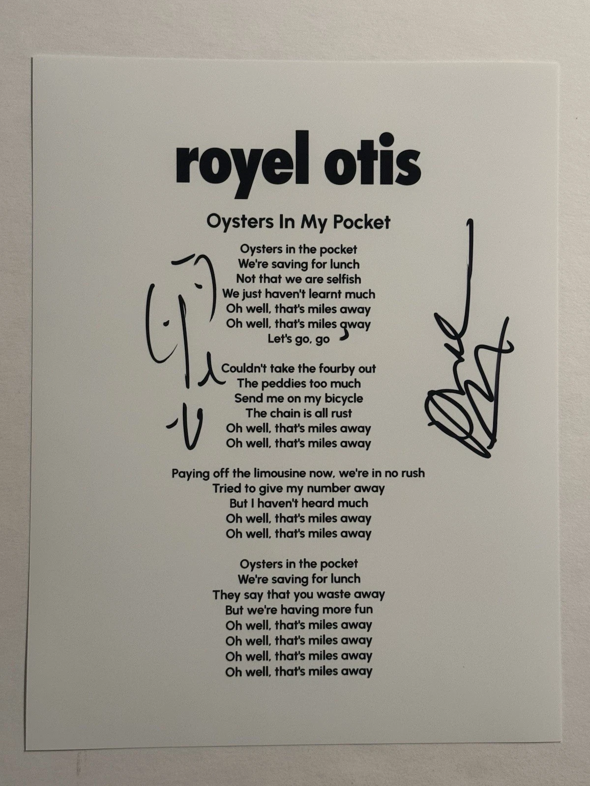 ROYEL OTIS FULL BAND SIGNED LYRIC SHEET AUTOGRAPHED OYSTERS IN MY POCKET COA