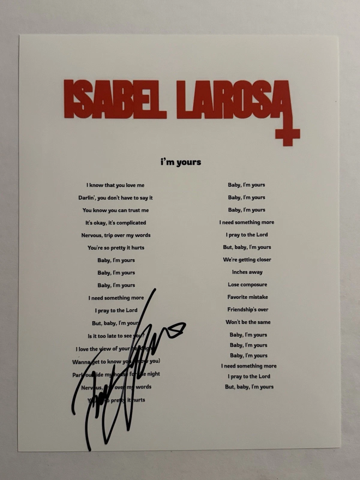 ISABEL LAROSA HAND SIGNED LYRIC SHEET AUTOGRAPHED IM YOURS SINGER RARE COA