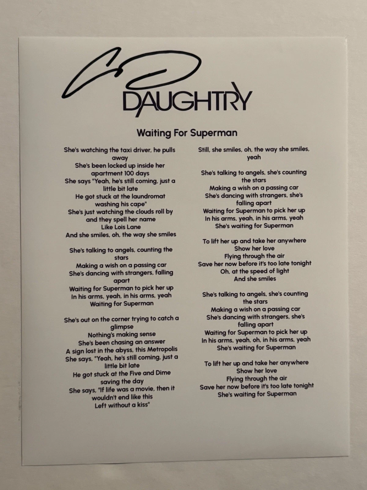 CHRIS DAUGHTRY HAND SIGNED LYRIC SHEET AUTOGRAPHED DAUGHTRY BAND SINGER COA