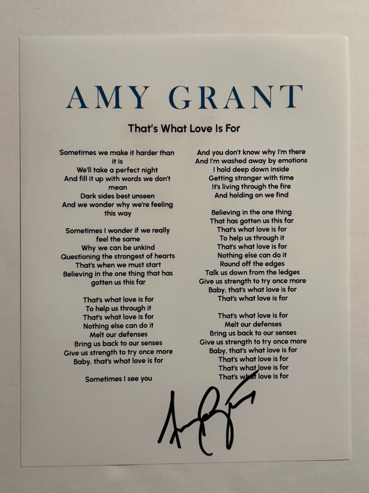 AMY GRANT SIGNED LYRIC SHEET SIGNED CHRISTIAN SINGER AUTOGRAPHED AUTHENTIC COA