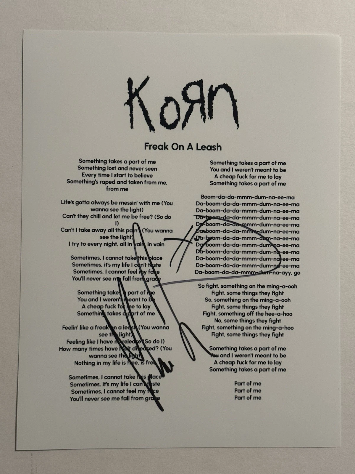MUNKY JAMES SHAFFER & BRIAN HEAD WELCH SIGNED LYRIC SHEET AUTOGRAPHED KORN COA