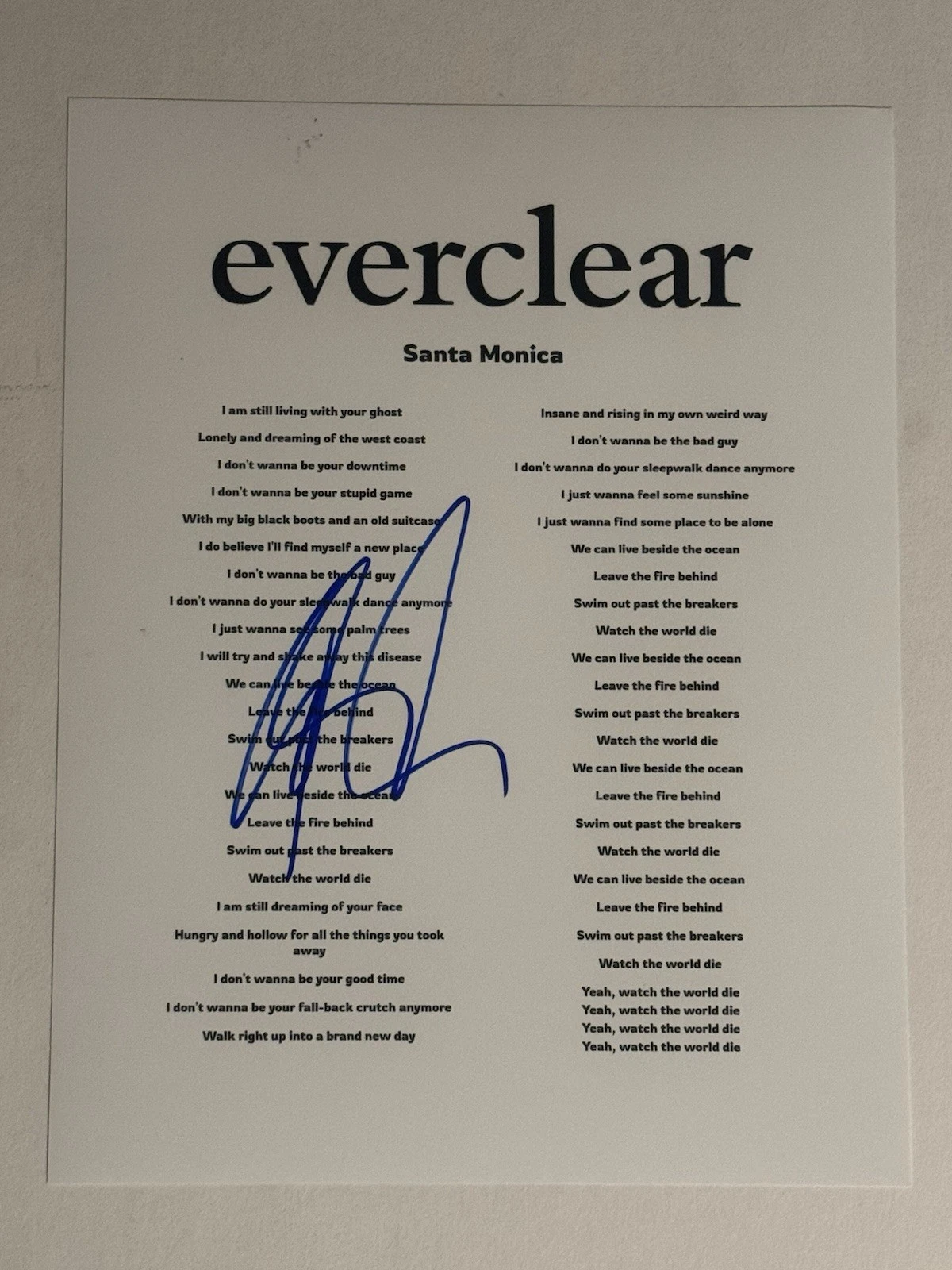 ART ALEXAKIS EVERCLEAR BAND LEAD SINGER SIGNED LYRIC SHEET AUTOGRAPHED RARE COA