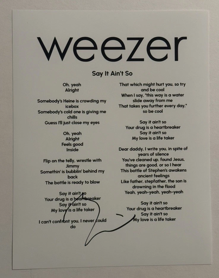 RIVERS CUOMO SIGNED LYRIC SHEET AUTOGRAPHED WEEZER BAND LEAD SINGER RARE COA