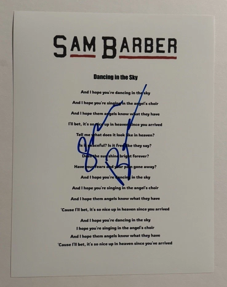 SAM BARBER SIGNED LYRIC SHEET AUTOGRAPHED COUNTRY SINGER RARE COA