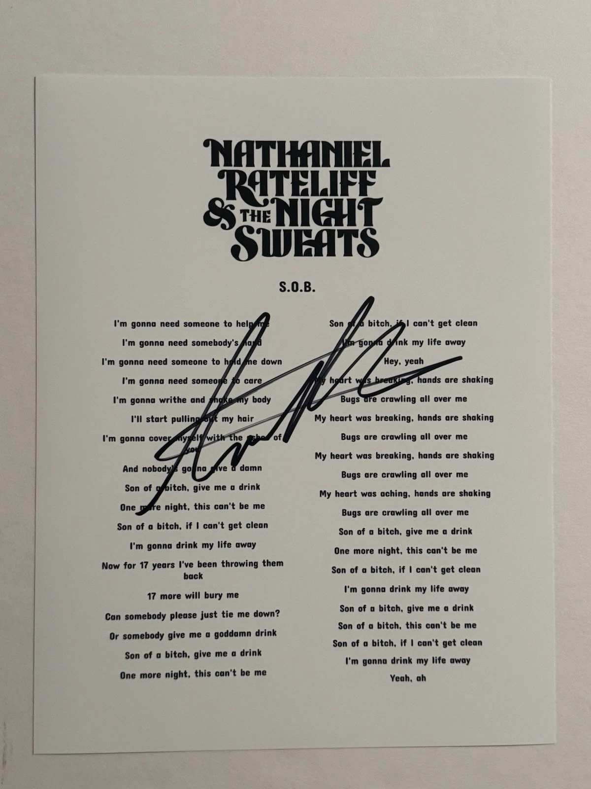 NATHANIEL RATELIFF SIGNED LYRIC SHEET AUTOGRAPHED THE NIGHT SWEATS SINGER COA