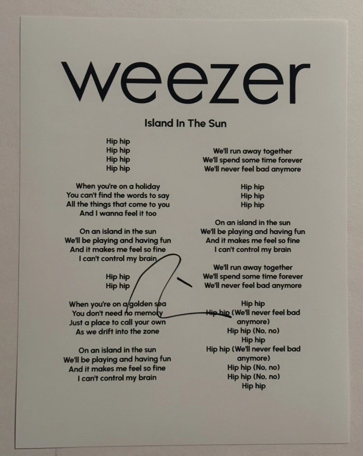 RIVERS CUOMO SIGNED LYRIC SHEET AUTOGRAPHED WEEZER BAND LEAD SINGER RARE COA