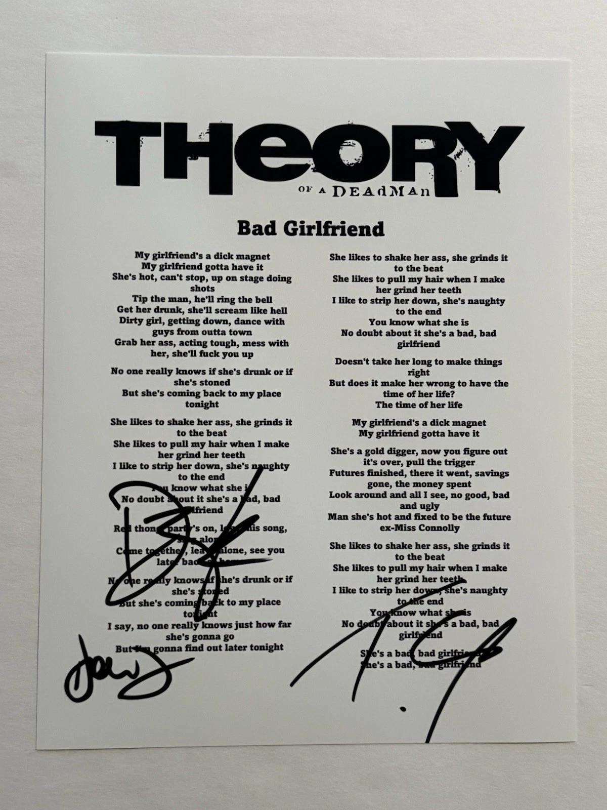 THEORY OF A DEADMAN BAND SIGNED BAD GIRLFRIEND LYRIC SHEET AUTOGRAPHED RARE COA