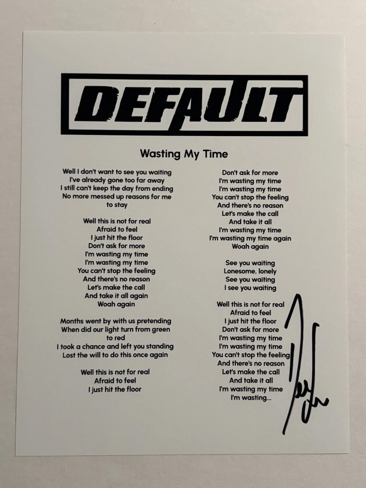 DALLAS SMITH DEFAULT BAND LEAD SINGER SIGNED LYRIC SHEET AUTOGRAPHED RARE COA