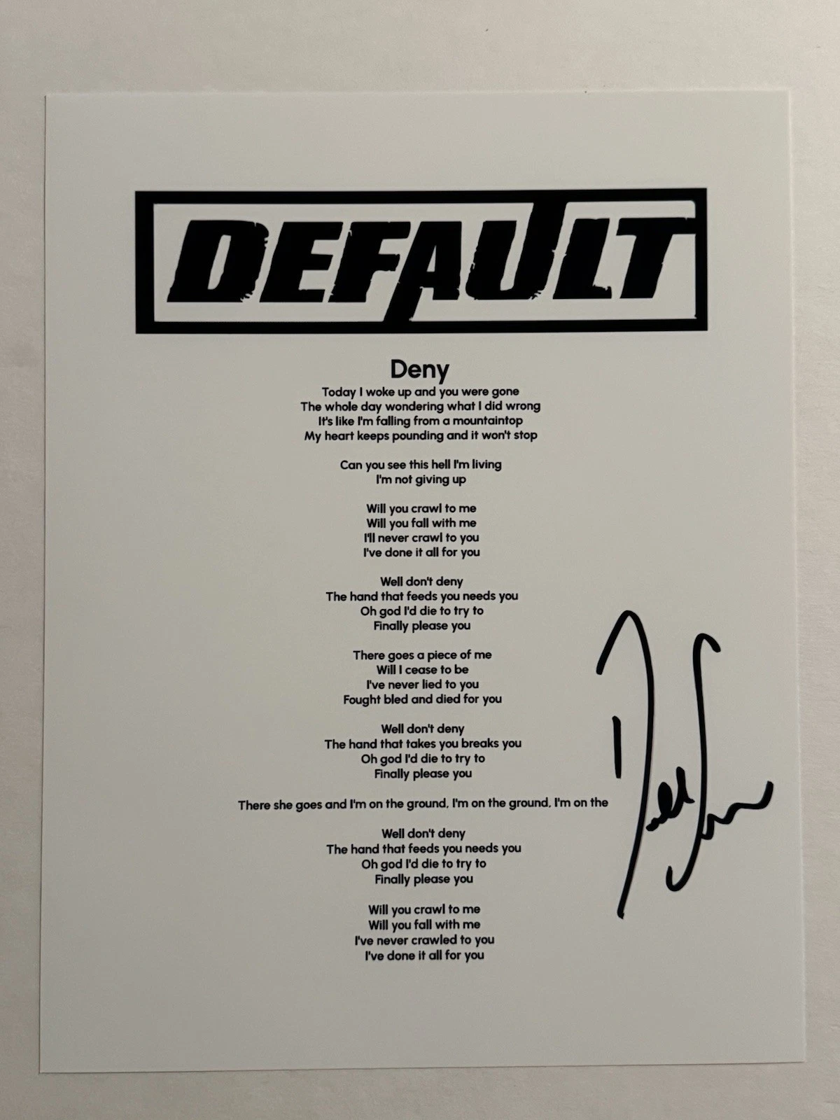 DALLAS SMITH DEFAULT BAND LEAD SINGER SIGNED LYRIC SHEET AUTOGRAPHED RARE COA