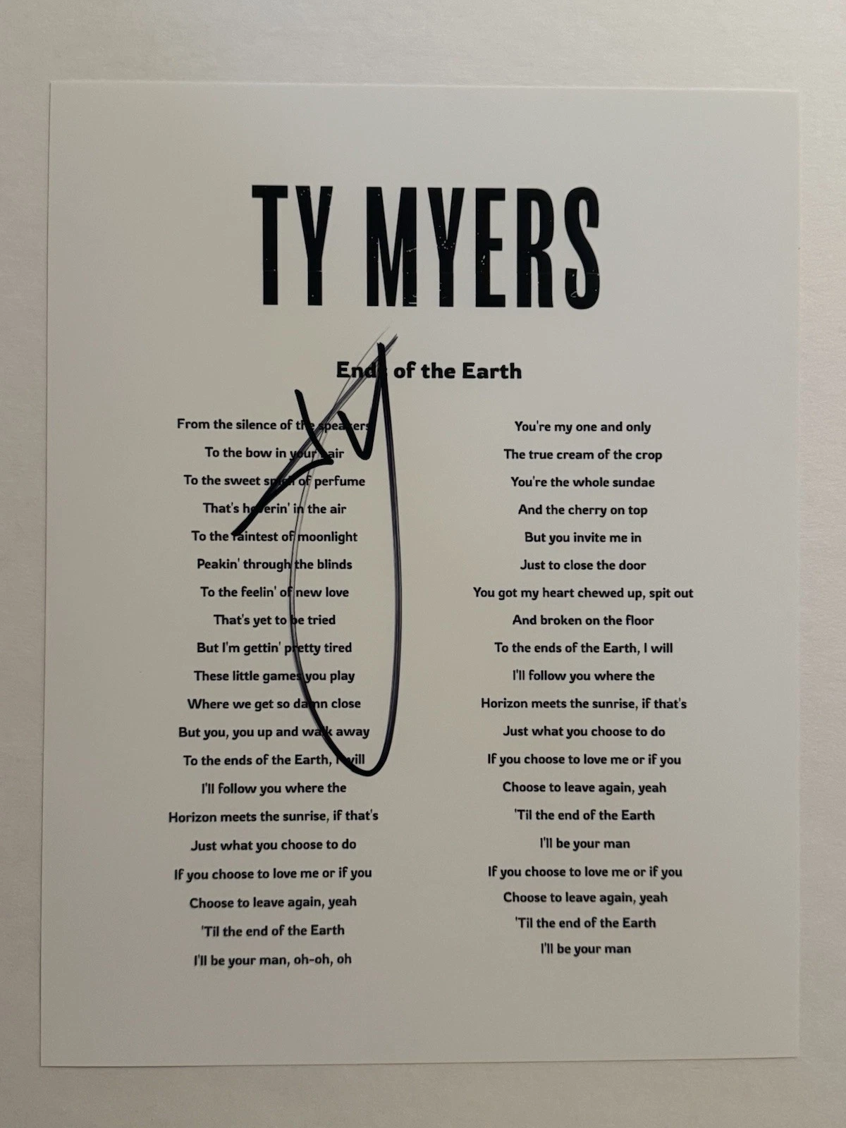 TY MYERS SIGNED LYRIC SHEET AUTOGRAPHED COUNTRY SINGER STAR RARE COA