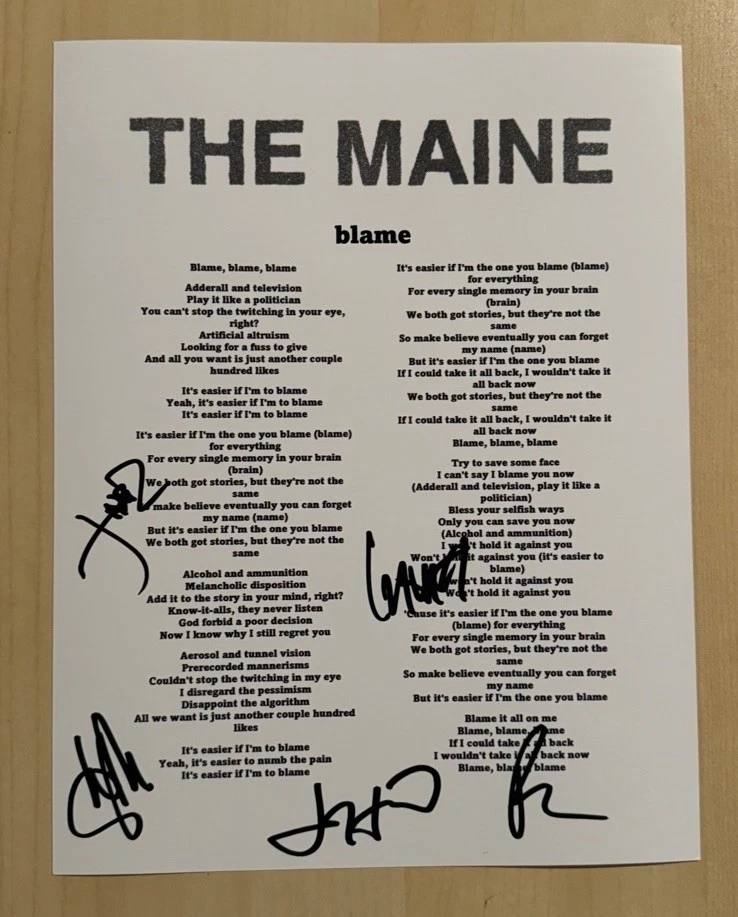 THE MAINE FULL BAND SIGNED LYRIC SHEET AUTOGRAPHED JOHN O’CALLAGHAN RARE COA