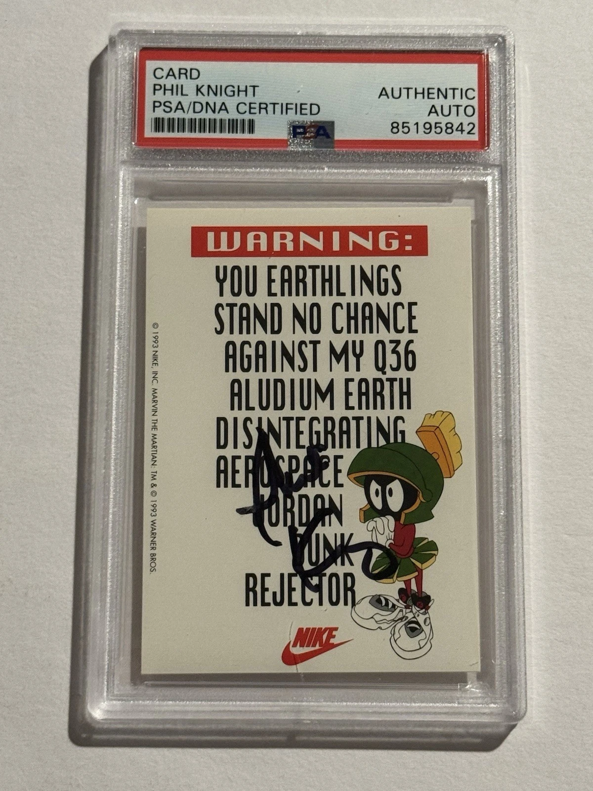Phil Knight Signed Auto Marvin the Martian 1993 Nike Space Jam Sticker Card PSA